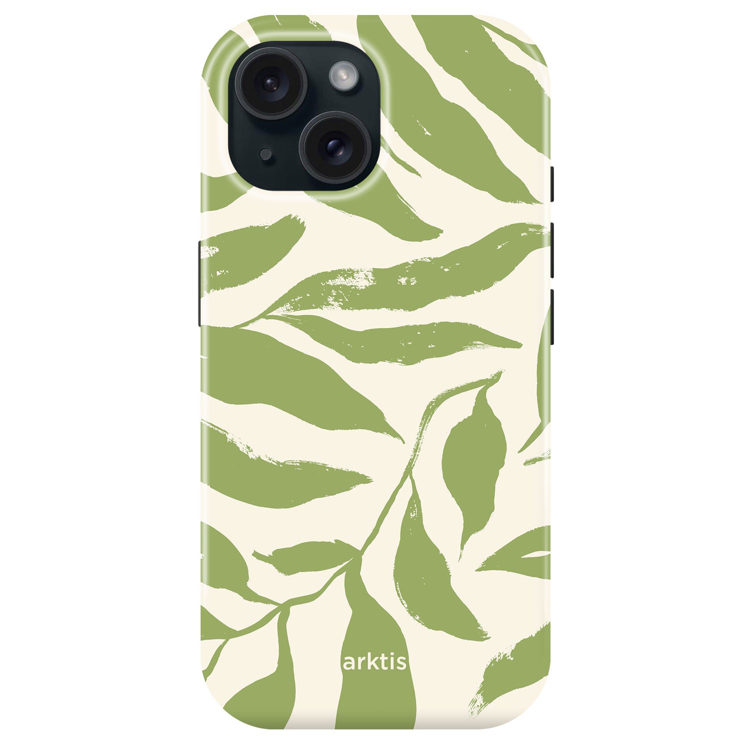 Die arktis iPhone 15 Hülle - Botanic besticht durch ein grünes Blattmuster auf cremefarbenem Grund mit "arktis"-Schriftzug, stoßfestem TPU-Silikon und MagSafe-Kompatibilität.