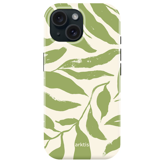 Die arktis iPhone 15 Hülle - Botanic besticht durch ein grünes Blattmuster auf cremefarbenem Grund mit "arktis"-Schriftzug, stoßfestem TPU-Silikon und MagSafe-Kompatibilität.