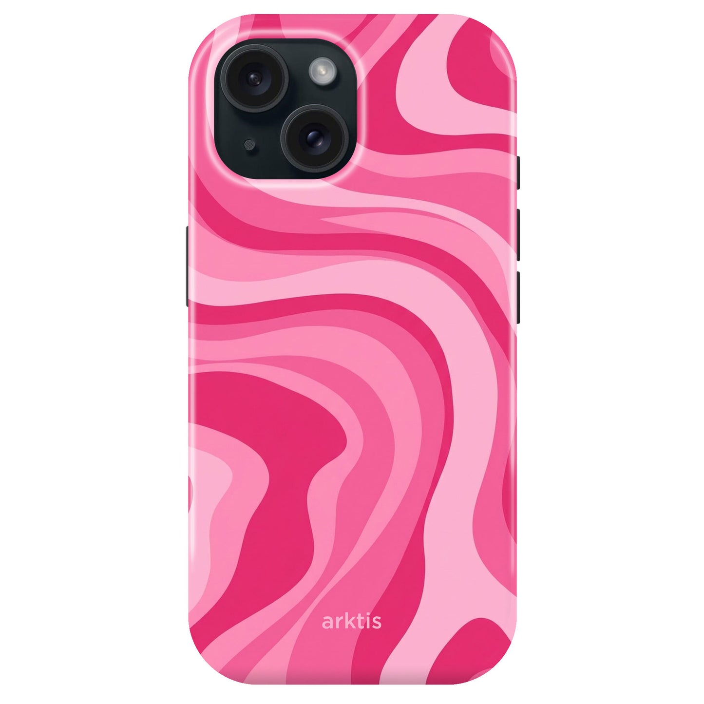 Die arktis iPhone 15 Hülle - Aura Pink hat ein pinkes und rotes Wellenmuster, ein arktis Branding auf der Unterseite, ist aus stoßabsorbierendem TPU-Silikon und ist MagSafe kompatibel.