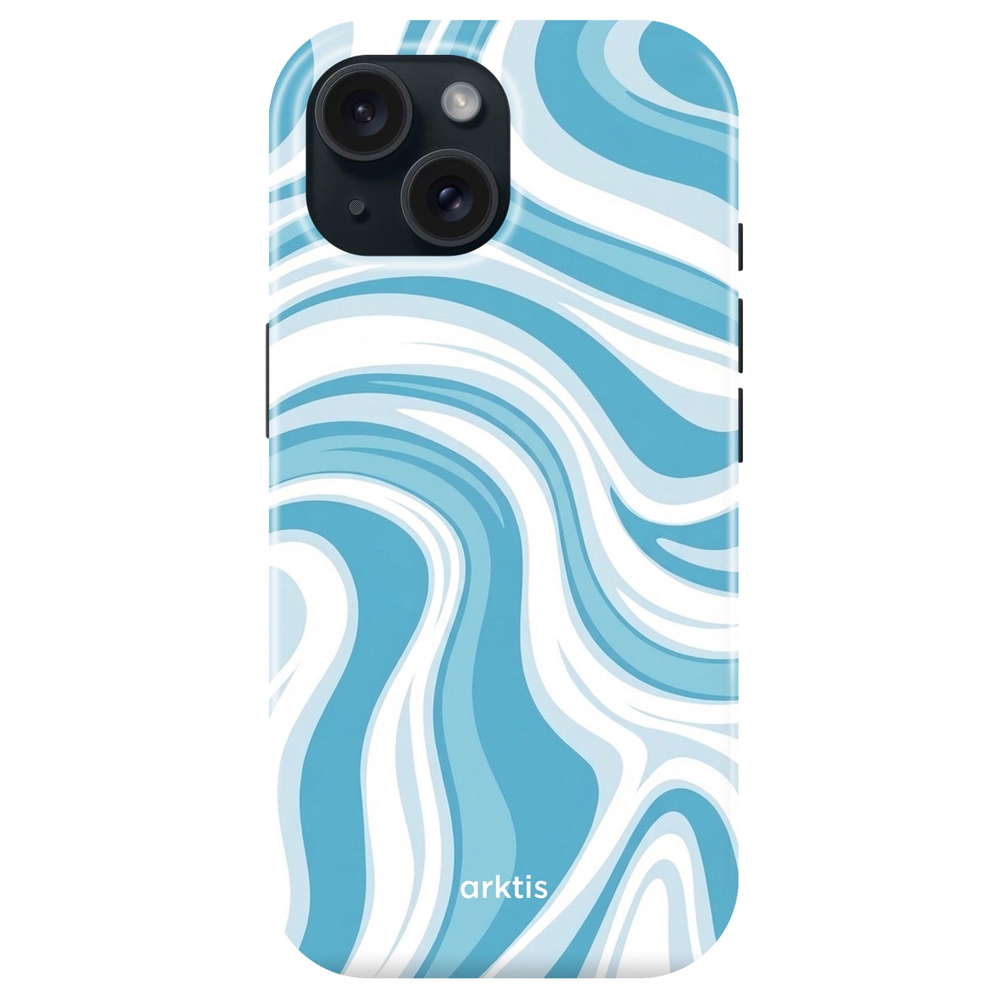 Die arktis iPhone 15 Hülle - Blue Lagoon zeichnet sich durch ein blau-weißes, wellenförmiges, abstraktes Design und den arktis" Schriftzug auf der Unterseite aus und ist MagSafe kompatibel für müheloses Aufladen.