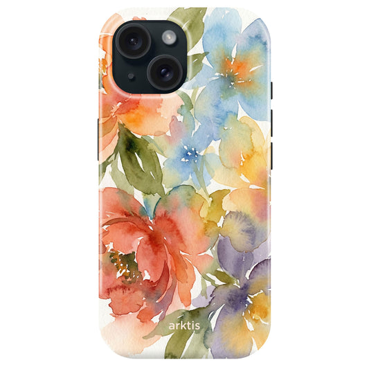 Die arktis iPhone 15 Hülle - Floral von arktis zeigt ein farbenfrohes Aquarell-Blumenmuster mit roten, blauen, gelben und lila Blumen. Die MagSafe-kompatible Hülle besteht aus stoßabsorbierendem TPU-Silikon.