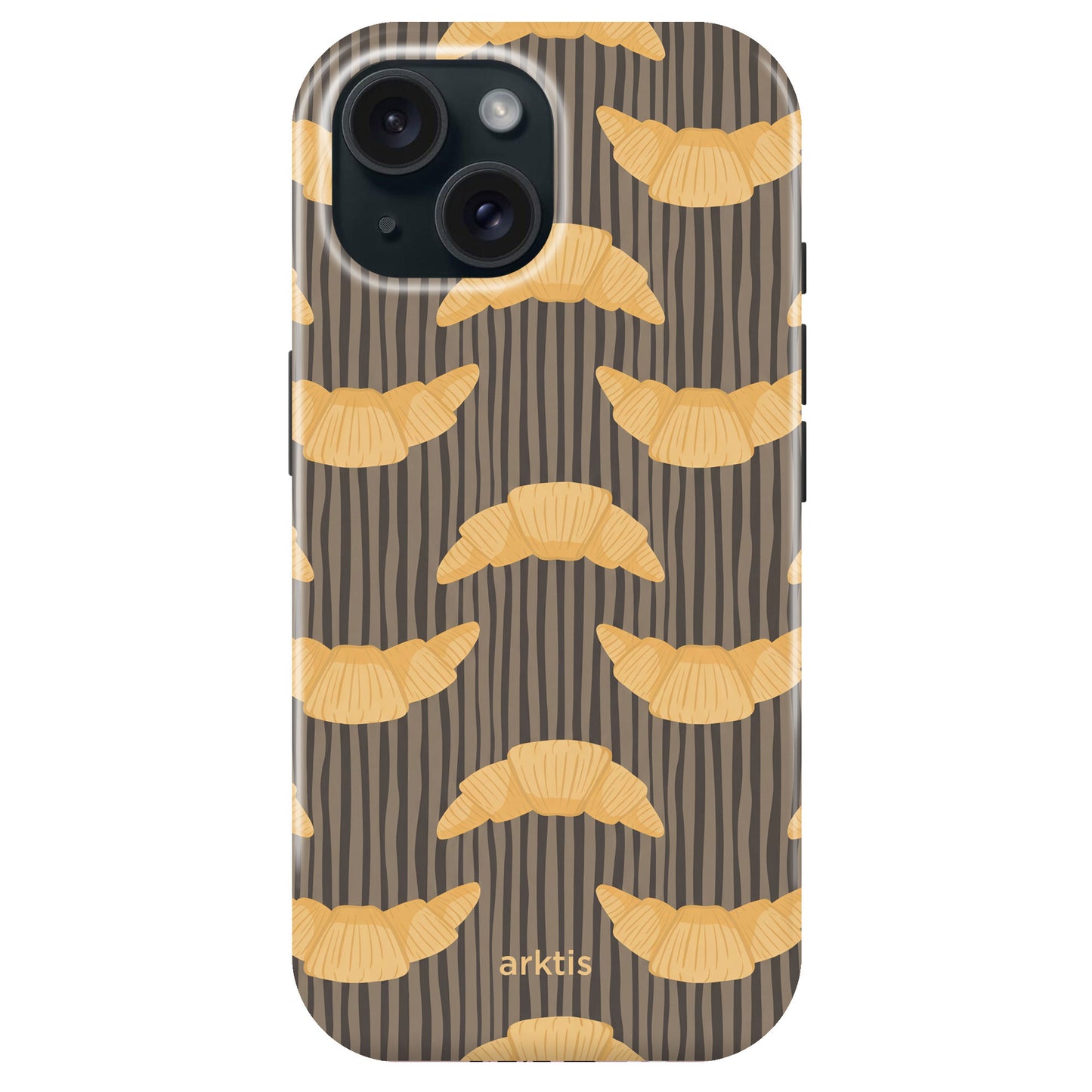 Arktis iPhone 15 Hülle - Französisches Frühstück: Stoßabsorbierendes TPU-Silikon mit croissant-gemustertem Design auf braunem, holzähnlichem Hintergrund. MagSafe-kompatibel, arktis-Logo unten.