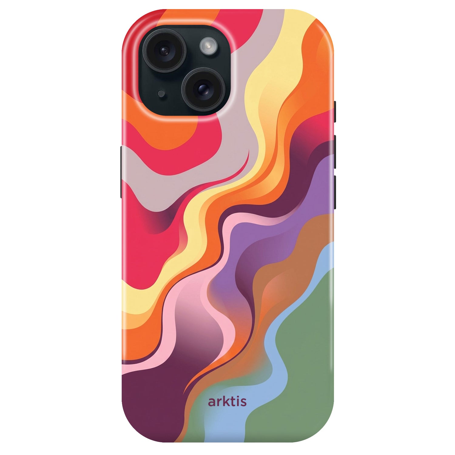 Die arktis iPhone 15 Hülle - Happy Life zeigt ein farbenfrohes abstraktes Wellendesign in Rot, Orange, Gelb, Lila, Pink und Grün. MagSafe kompatible TPU-Silikonhülle von arktis für stilvollen Schutz und sicheren Sitz.