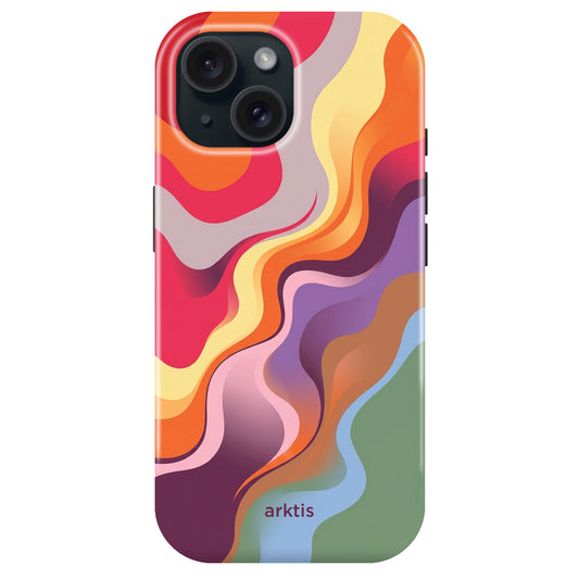 Die arktis iPhone 15 Hülle - Happy Life zeigt ein farbenfrohes abstraktes Wellendesign in Rot, Orange, Gelb, Lila, Pink und Grün. MagSafe kompatible TPU-Silikonhülle von arktis für stilvollen Schutz und sicheren Sitz.