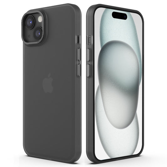 Das MR PROTECT iPhone 15 FROZEN-Case aus schwarzem Polycarbonat ist auf einem iPhone 15 von vorne und hinten abgebildet und zeigt zwei Kameras auf der Rückseite, ein minimalistisches abstraktes Bildschirmdesign und das Apple-Logo durch das Case.