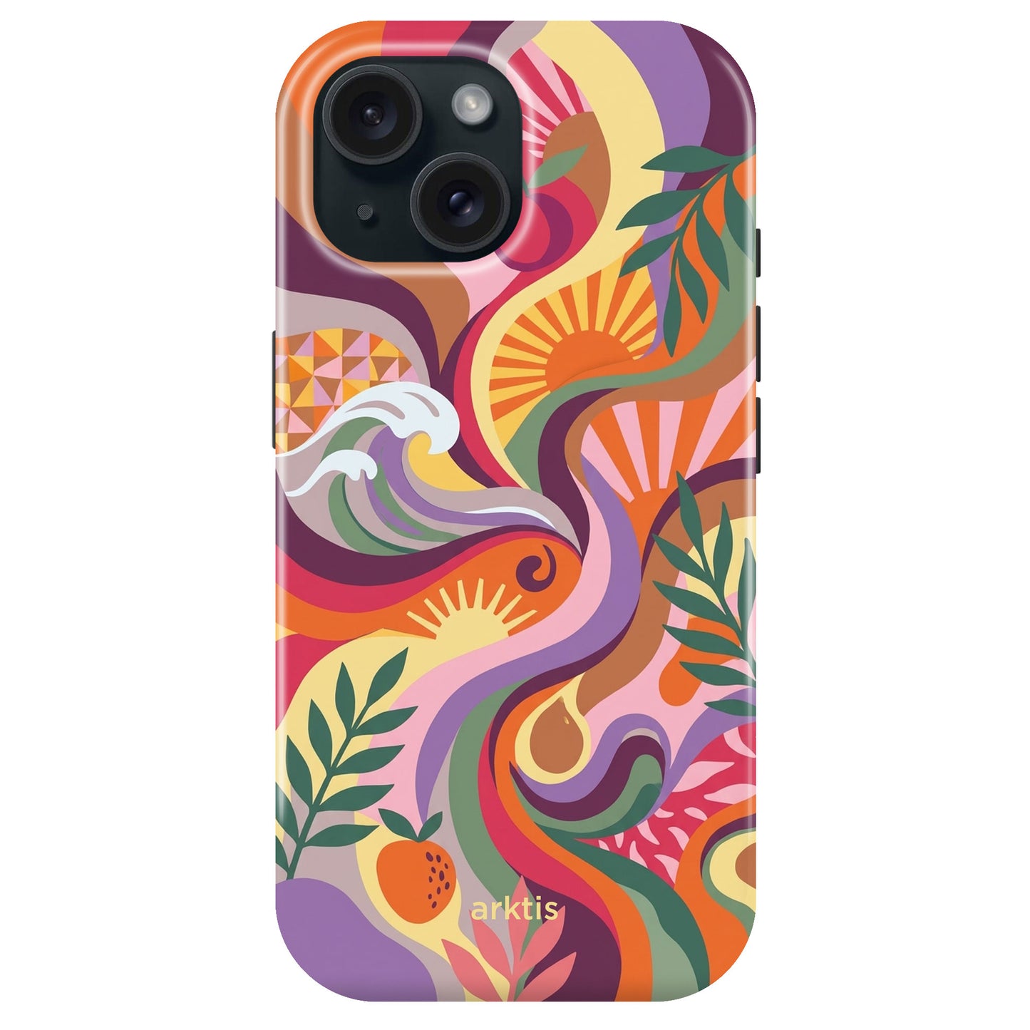 Die arktis iPhone 15 Hülle - Summer von arktis zeigt bunte Wellen-, Blatt-, Erdbeer- und Sonnenmotive. Sie besteht aus stoßabsorbierendem TPU-Silikon und ist MagSafe-kompatibel, um sowohl stilvollen Schutz als auch Komfort zu bieten.