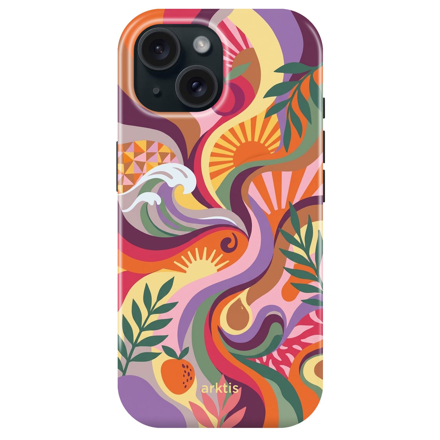 Die arktis iPhone 15 Hülle - Summer von arktis zeigt bunte Wellen-, Blatt-, Erdbeer- und Sonnenmotive. Sie besteht aus stoßabsorbierendem TPU-Silikon und ist MagSafe-kompatibel, um sowohl stilvollen Schutz als auch Komfort zu bieten.