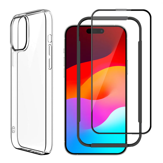 Das arktis.de ArktisPRO iPhone 15 Pro PREMIUM Sparpaket beinhaltet ein durchsichtiges Invisible Air Case und zwei FULL COVER GLAS-Schutzfolien mit schwarzem Rand, abgebildet neben einem iPhone mit lebendigem Display auf weißem Hintergrund.