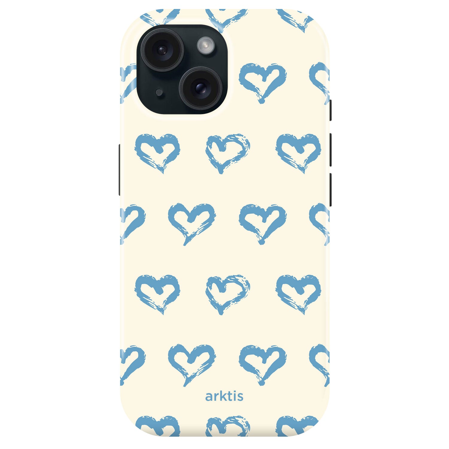 Arktis iPhone 14 Hülle - Blaue Herzen: Cremefarbene Hülle mit blauen handgezeichneten Herzen, hergestellt aus stoßabsorbierendem TPU-Silikon. MagSafe kompatibel, arktis-Branding unten.