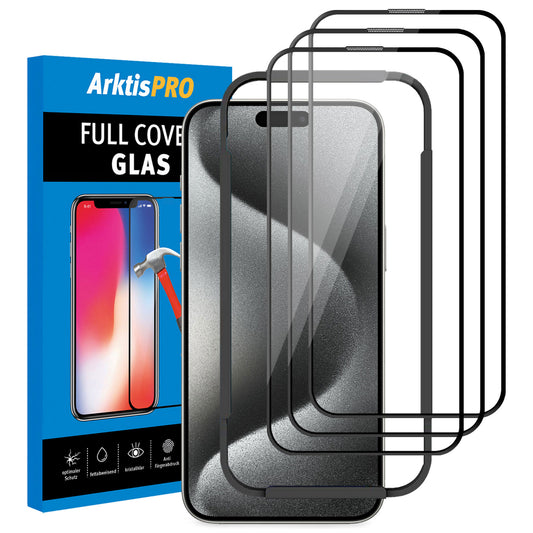 ArktisPRO iPhone 15 Pro FULL COVER Displayschutz GLAS - hüllenfreundlich - 3er Set