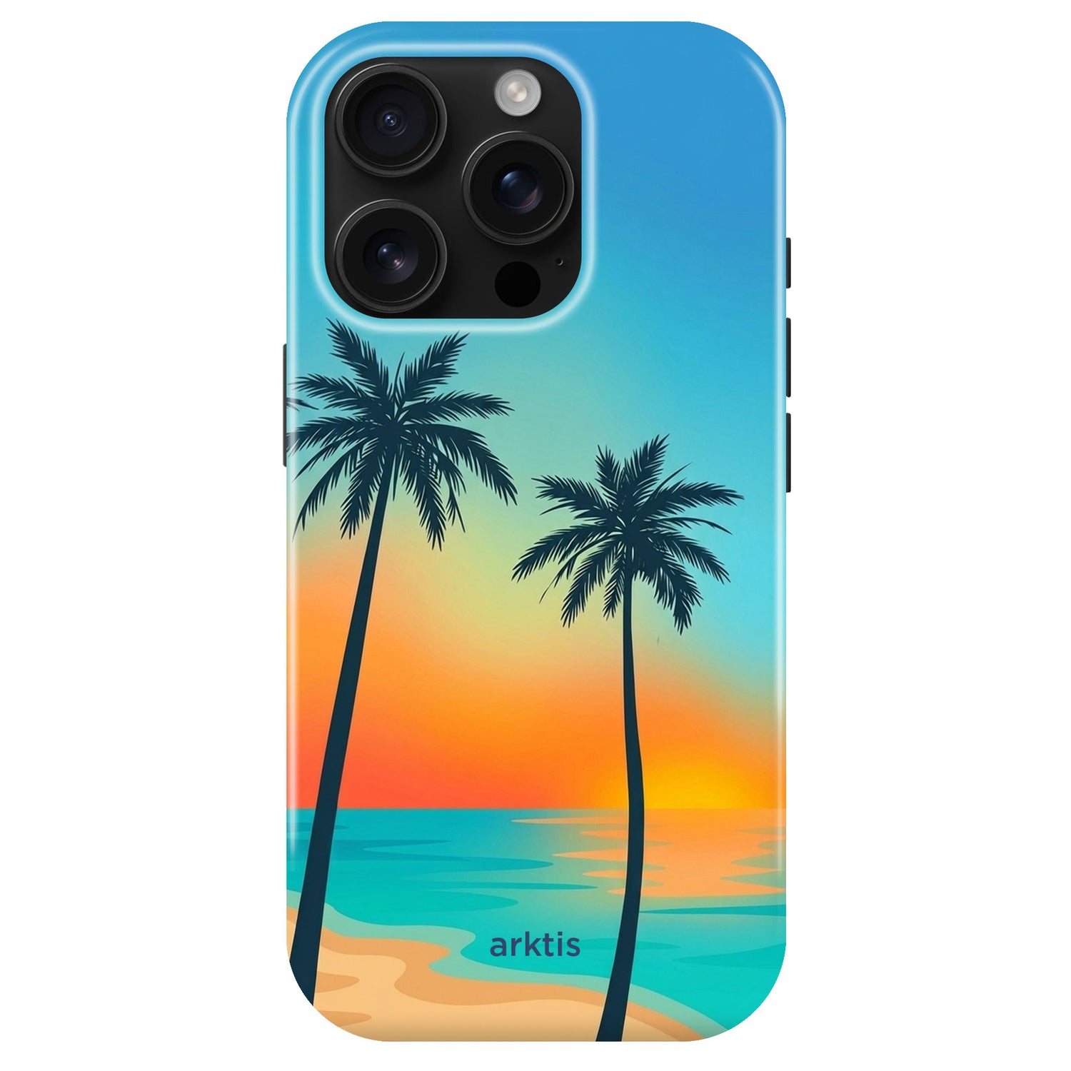 Die arktis iPhone 14 Pro Max Hülle - Sunset Beach aus stoßabsorbierendem TPU-Silikon zeigt ein tropisches Strandmotiv mit Palmen und Sonnenuntergang, ist MagSafe kompatibel und schützt optimal.