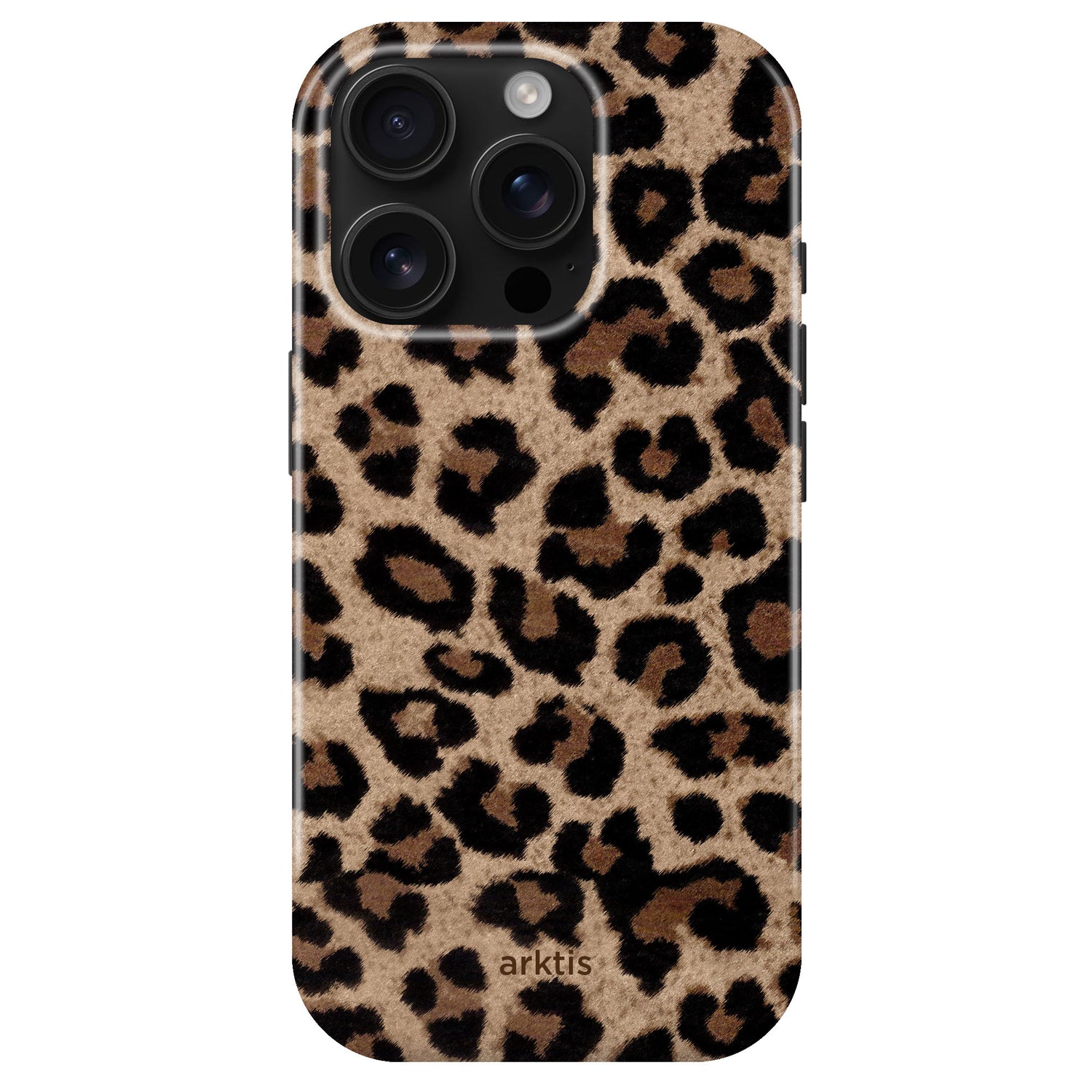 Die arktis iPhone 15 Pro Max Hülle - Sweet Leopard hat einen braunen und schwarzen Leopardenprint, bietet TPU-Silikon Schutz, ist MagSafe kompatibel und wurde von arktis für das iPhone 15 Pro Max entworfen.