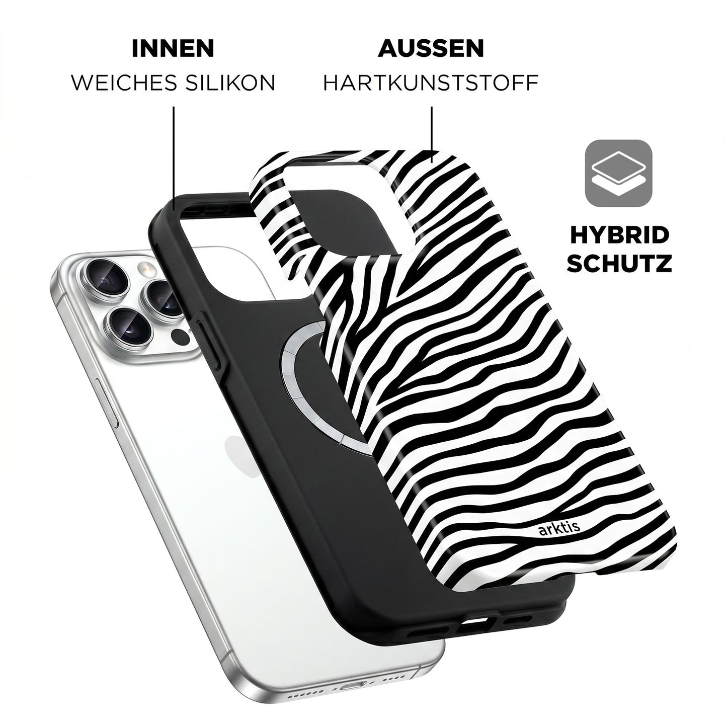 Die arktis iPhone 14 Pro Max Hülle - Zebra bietet Hybridschutz mit stoßabsorbierendem TPU-Silikon-Innenkern, harter Kunststoff-Außenseite und ist MagSafe-kompatibel. Von arktis, abgebildet auf dem iPhone 14 Pro Max.