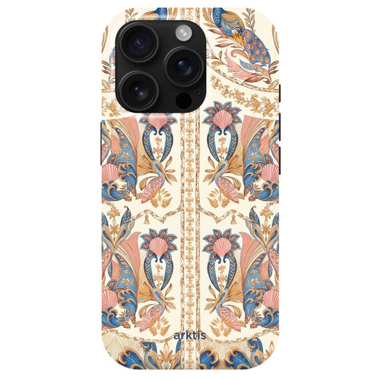 Die arktis iPhone 14 Pro Max Hülle - Peacock Palace bietet elegante blaue, rosa und goldene Blumen- und Blattmotive auf cremefarbenem TPU-Silikon für Stil und Haltbarkeit.