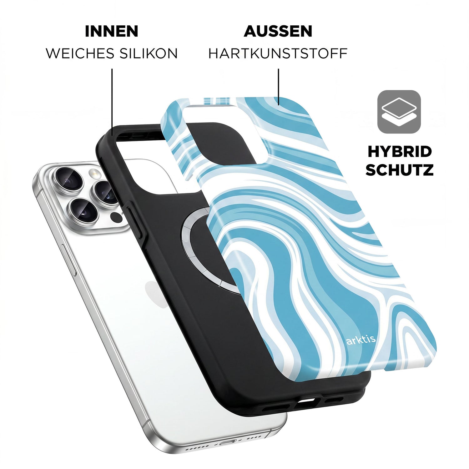 Explosionszeichnung der arktis iPhone 14 Pro Max Hülle - Blue Lagoon, mit stoßabsorbierendem TPU-Silikon, Hartplastikhülle und MagSafe-Kompatibilität für müheloses Laden.