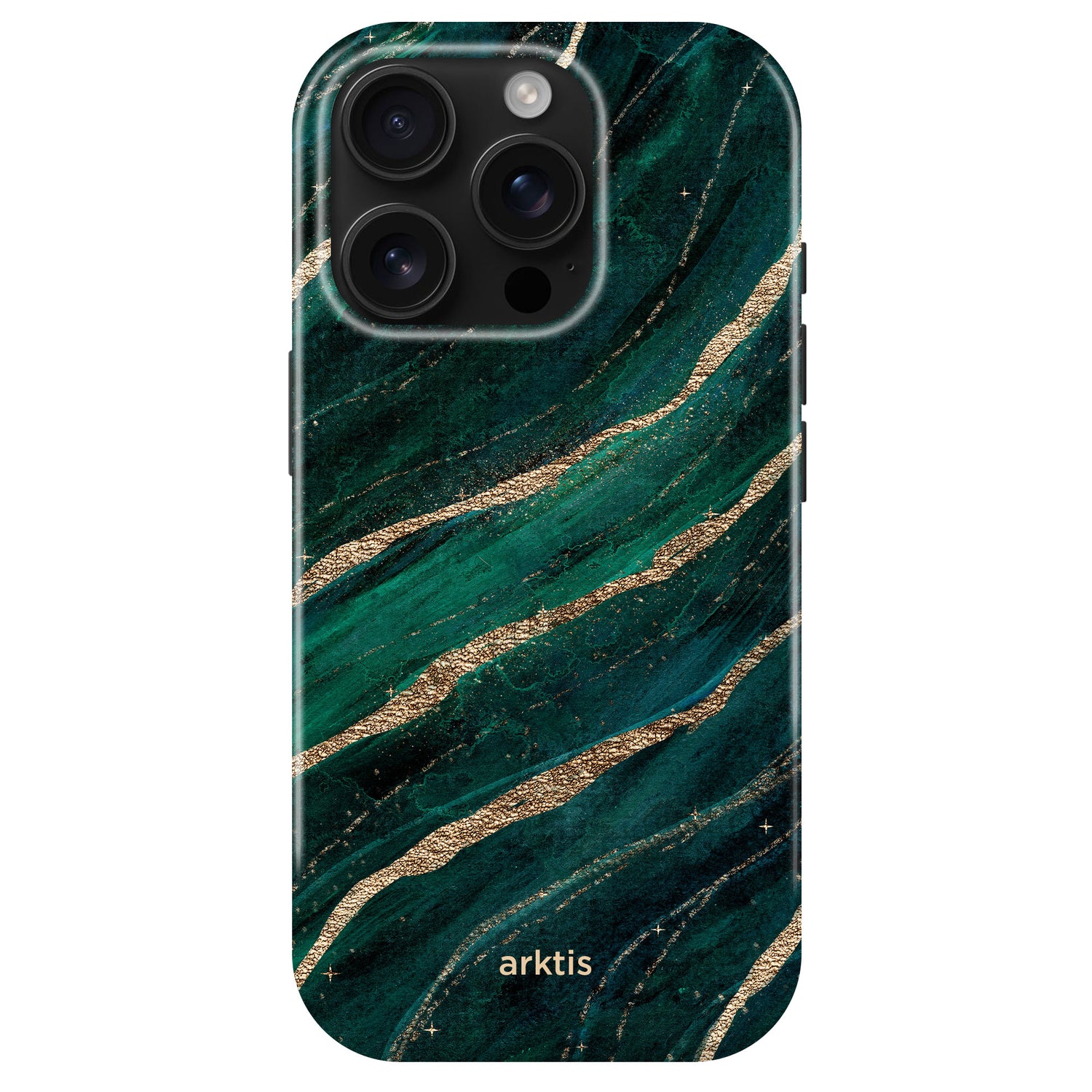 Die arktis iPhone 15 Pro Max Hülle - Green Marble zeichnet sich durch ein stilvolles grünes Marmor-Design mit goldenen Streifen und dem arktis-Logo an der Unterseite aus und bietet MagSafe-Kompatibilität sowie Stoßdämpfung für zusätzlichen Schutz.