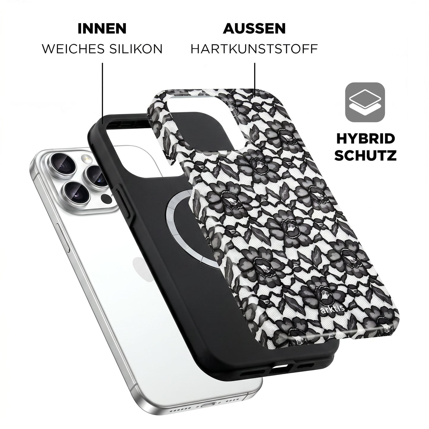 Explosionszeichnung der arktis iPhone 14 Pro Max Hülle - Dark Rose, einer floralen Hülle mit stoßabsorbierendem TPU-Silikon innen und Hartplastik außen, beschriftet mit "HYBRID SCHUTZ".