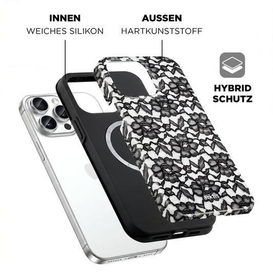 Explosionszeichnung der arktis iPhone 14 Pro Max Hülle - Dark Rose, einer floralen Hülle mit stoßabsorbierendem TPU-Silikon innen und Hartplastik außen, beschriftet mit "HYBRID SCHUTZ".