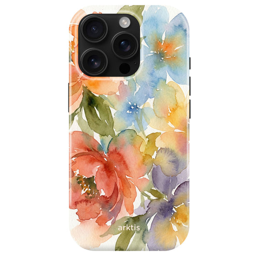 Die arktis iPhone 15 Pro Max Hülle - Floral zeigt leuchtende Aquarellblumen in Rot, Orange, Blau, Grün und Lila mit stoßabsorbierendem TPU-Silikon und dezentem arktis Branding darunter.