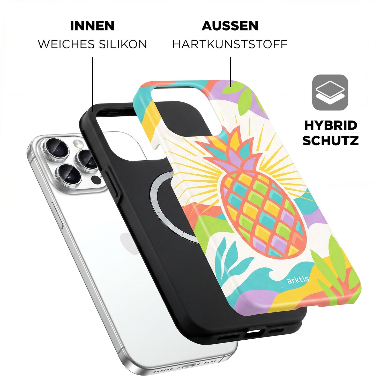 Die arktis iPhone 14 Pro Max Hülle - Tropic Pineapple verfügt über ein farbenfrohes Design, stoßabsorbierendes TPU-Silikon-Innenlayer, harter Kunststoffschale und ist MagSafe-kompatibel für bequemes Laden.