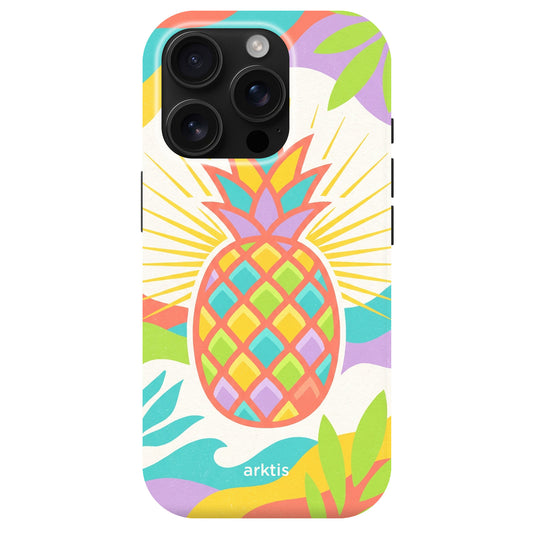 Arktis iPhone 14 Pro Max Hülle - Tropic Pineapple: Bunte Hülle mit Ananas-Motiv, strahlenden Linien und tropischen Blättern. MagSafe kompatibel, aus stoßabsorbierendem TPU-Silikon.