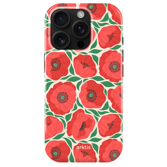 MagSafe-kompatibel und stoßabsorbierend: Die arktis iPhone 14 Pro Max Hülle "Summer Garden" zeigt rote Mohnblumen mit grünen Blättern auf cremefarbenem Hintergrund und trägt das arktis-Label.
