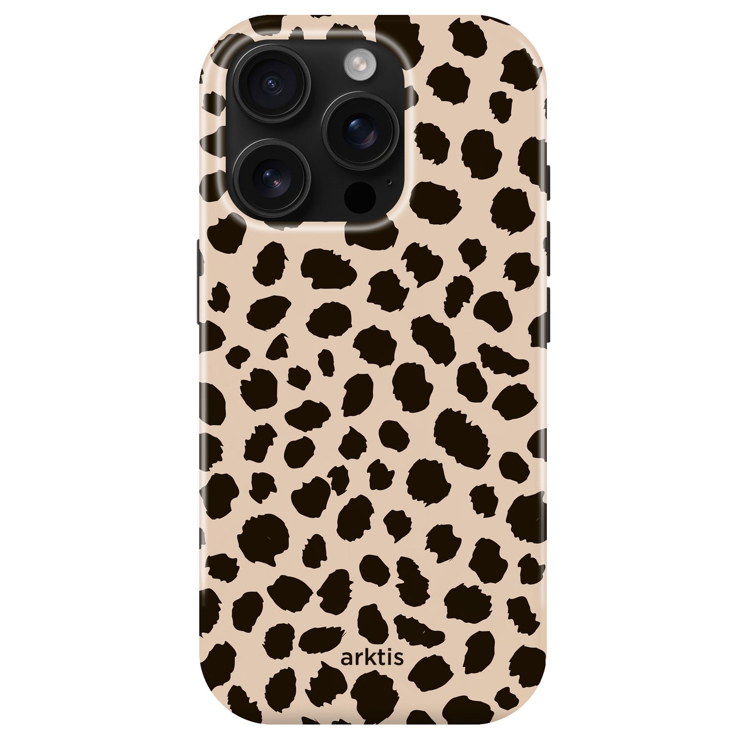 Arktis iPhone 15 Pro Max Hülle - Gepard: Beigefarbene Hülle mit schwarzem Leopardenprint, aus stoßabsorbierendem TPU-Silikon, MagSafe kompatibel. arktis Branding auf der Unterseite.