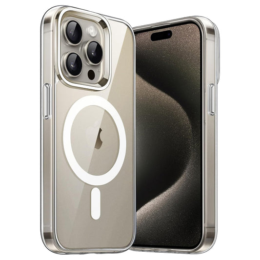 Das iCEO iPhone 15 Pro Crystal Case mit MagSafe – Transparent von iCEO präsentiert sich auf einem Smartphone mit Metallic-Finish, drei Kameralinsen und einem LED-Blitz. Das Case besteht aus TPU-Silikon, Acrylglas und ist MagSafe-kompatibel.
