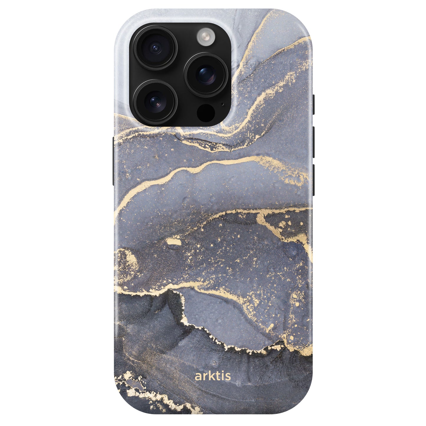 Die arktis iPhone 15 Pro Max Hülle - Dusty Marble hat ein grau-goldenes Marmor-Design, ein arktis Branding auf der Unterseite, ist aus stoßabsorbierendem TPU-Silikon gefertigt und unterstützt MagSafe für verbesserten Schutz und Komfort.