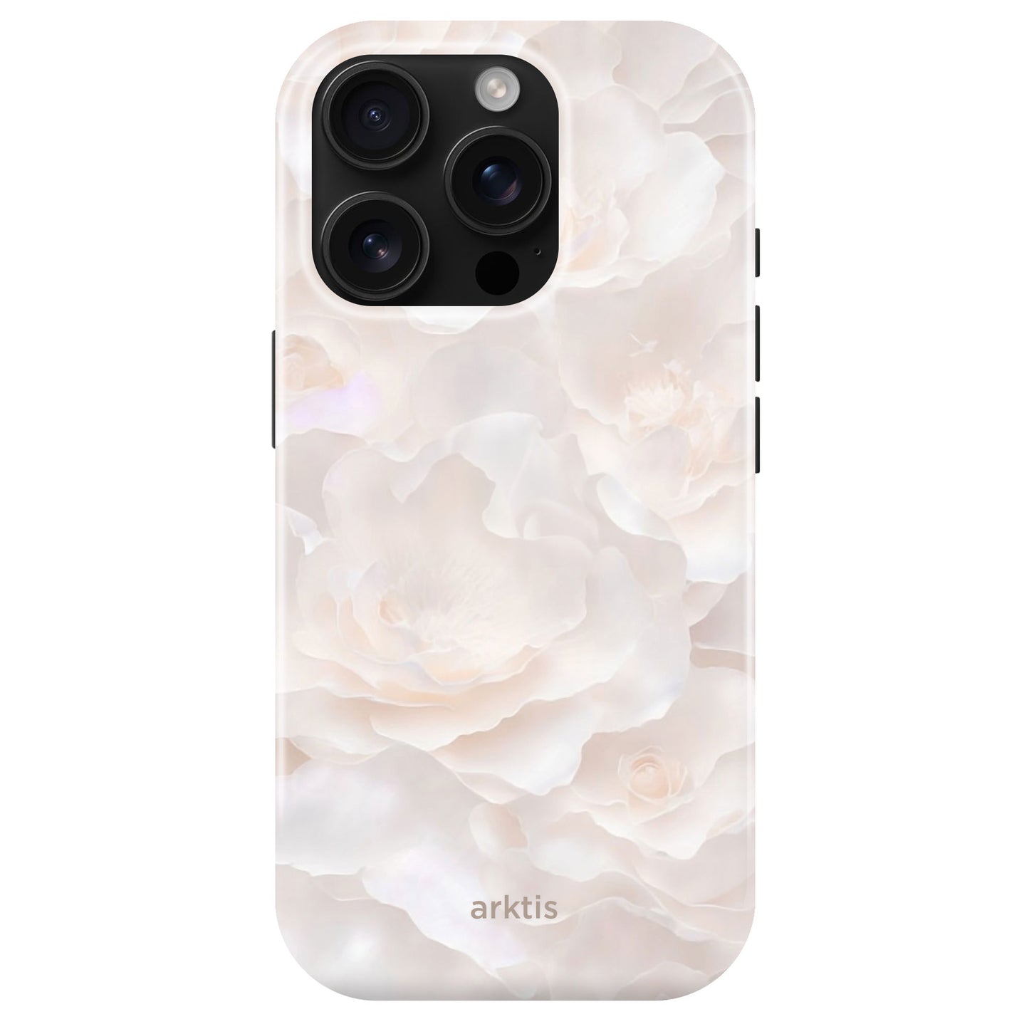 Die arktis iPhone 15 Pro Max Hülle - Marble Flower zeigt ein helles Blumendesign mit zarten weißen und cremefarbenen Blütenblättern, ist aus stoßdämpfendem TPU-Silikon gefertigt, MagSafe kompatibel und zeigt das arktis Logo an der Unterseite.