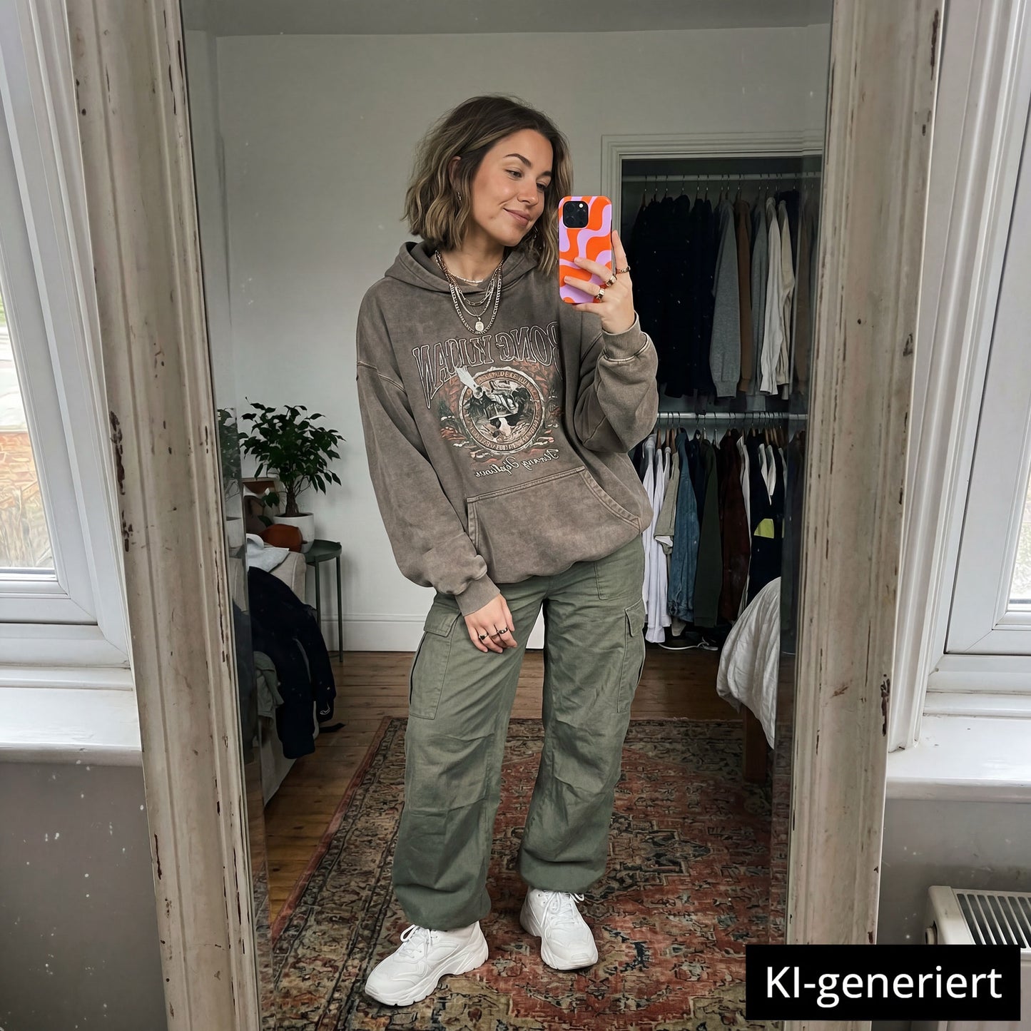 Eine Frau in grüner Hose, Kapuzenpulli und weißen Turnschuhen macht ein Spiegel-Selfie mit ihrem arktis iPhone 14 Pro Max Hülle - Knokke Queen von arktis, die MagSafe kompatibel ist und aus stoßabsorbierendem TPU-Silikon besteht. KI-generiert.
