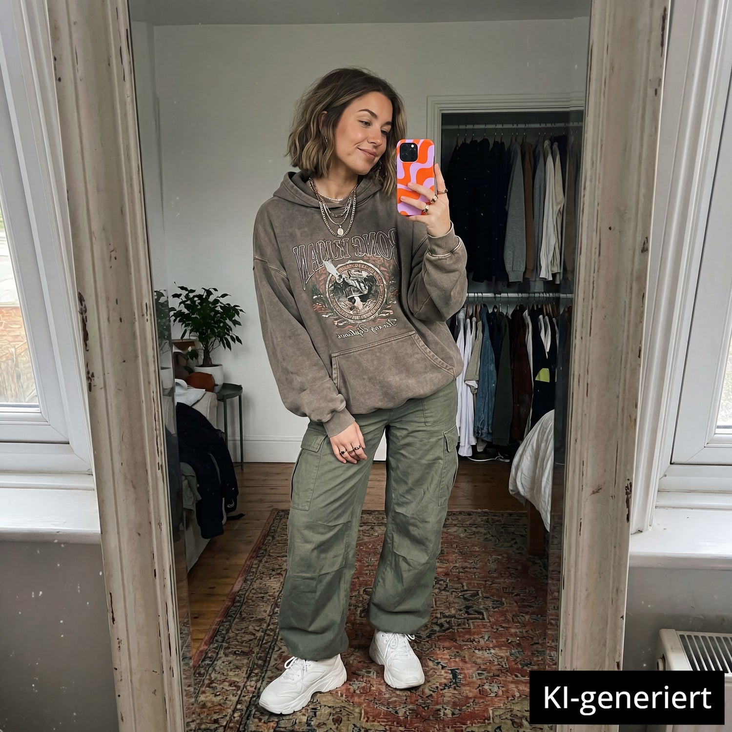 Eine Frau in grüner Hose, Kapuzenpulli und weißen Turnschuhen macht ein Spiegel-Selfie mit ihrem arktis iPhone 14 Pro Max Hülle - Knokke Queen von arktis, die MagSafe kompatibel ist und aus stoßabsorbierendem TPU-Silikon besteht. KI-generiert.