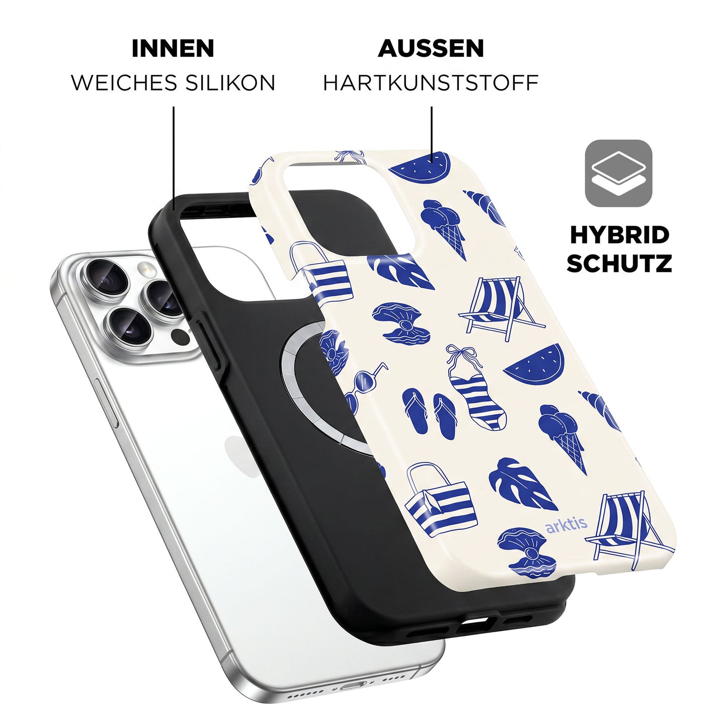 Die arktis iPhone 14 Pro Max Hülle - Beach Style hat eine weiche Silikon-Innenseite und eine harte Kunststoff-Außenseite, ist stoßabsorbierend für Extra-Schutz und MagSafe-kompatibel für einfaches kabelloses Laden.