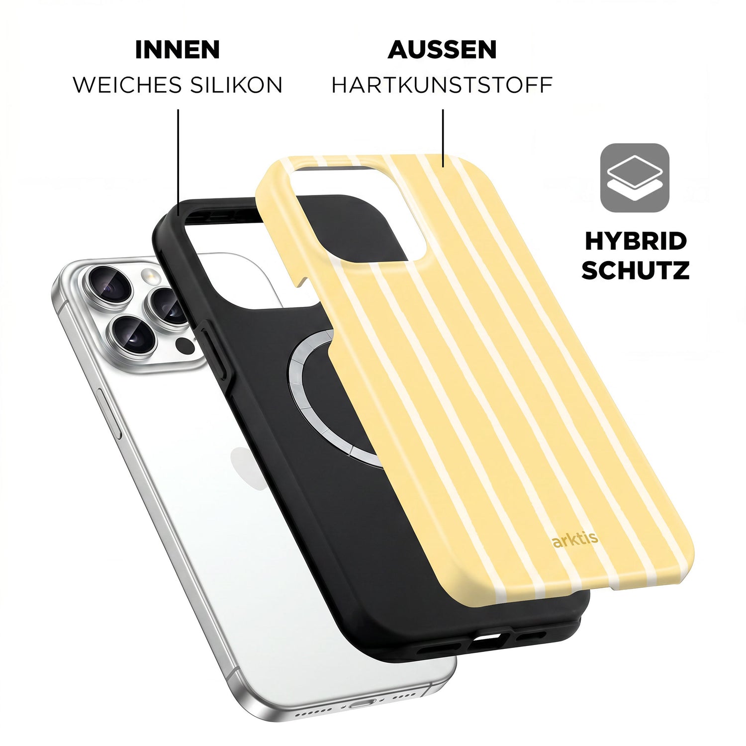 Explosionszeichnung der arktis iPhone 14 Pro Max Hülle - Sunny Stripes mit einer gelb gestreiften Hartschale und einer weichen, stoßabsorbierenden TPU-Silikon-Innenseite.