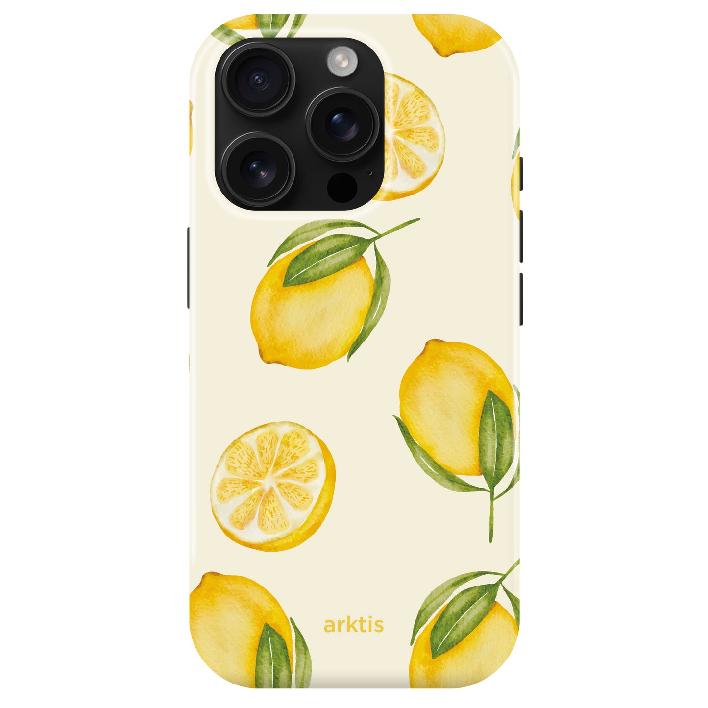 Arktis iPhone 15 Pro Max Hülle - Zitrone: Stoßabsorbierendes TPU-Silikon mit Zitronen- und Zitronenscheibenmotiv auf hellem Hintergrund, MagSafe-kompatibel und arktis-Branding am unteren Rand.