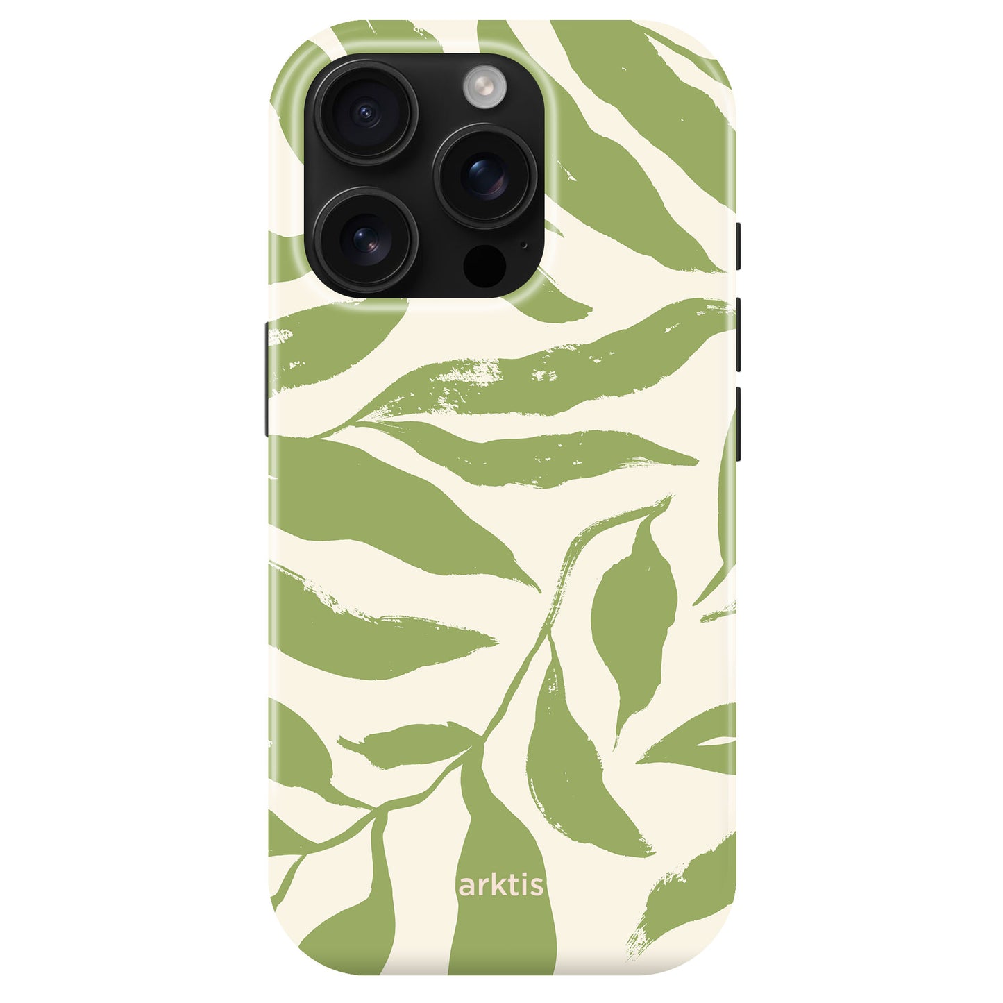 Die arktis iPhone 15 Pro Max Hülle - Botanic verfügt über ein grünes Blattdesign mit "arktis" an der Unterseite, hergestellt aus stoßabsorbierendem TPU-Silikon für zusätzlichen Schutz.
