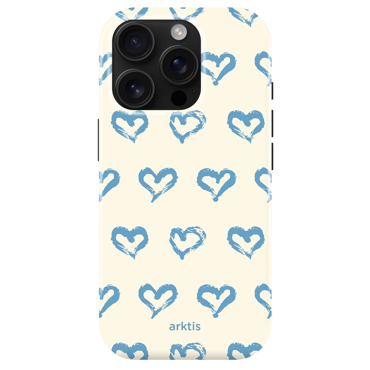 Arktis iPhone 14 Pro Hülle - Blue Hearts: Handyhülle mit cremefarbenem Hintergrund, blauen Handherz-Motiven und arktis-Logo. MagSafe-kompatibel, stoßabsorbierend aus TPU-Silikon - perfekt für dein iPhone 14 Pro!.