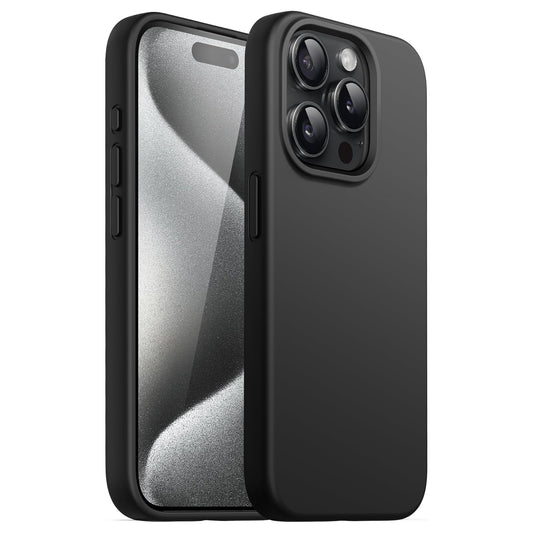 Zwei schwarze iCEO iPhone 15 Pro Max Silikonhüllen – eine zeigt das Display, die andere die drei Kameras auf der Rückseite. Perfekt für kabelloses Laden.