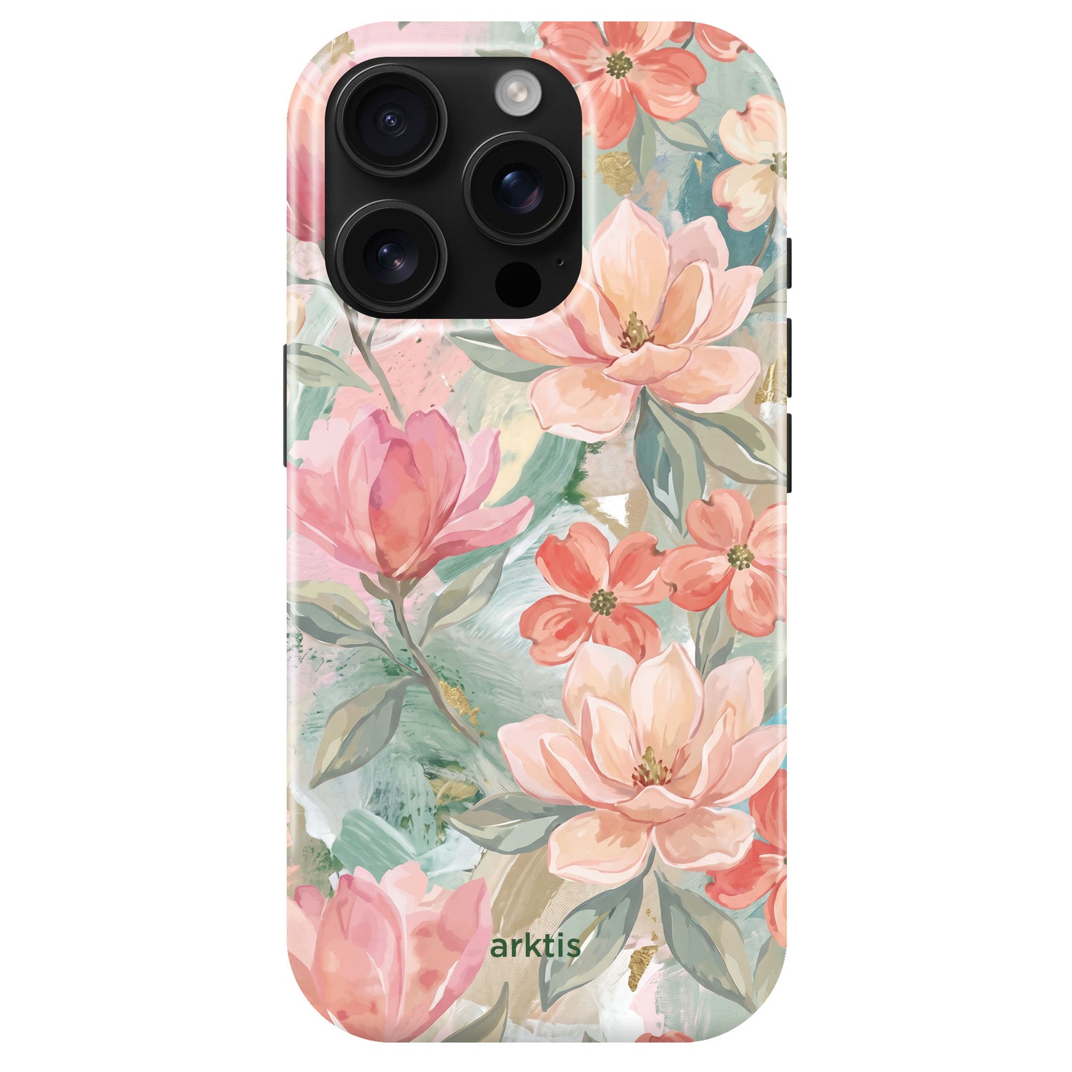 Die arktis iPhone 15 Pro Hülle - Pastel Flowers zeigt ein rosa und pfirsichfarbenes Blumendesign mit grünen Blättern, ist aus stoßabsorbierendem TPU-Silikon gefertigt und ist MagSafe kompatibel für bequemes Aufladen.