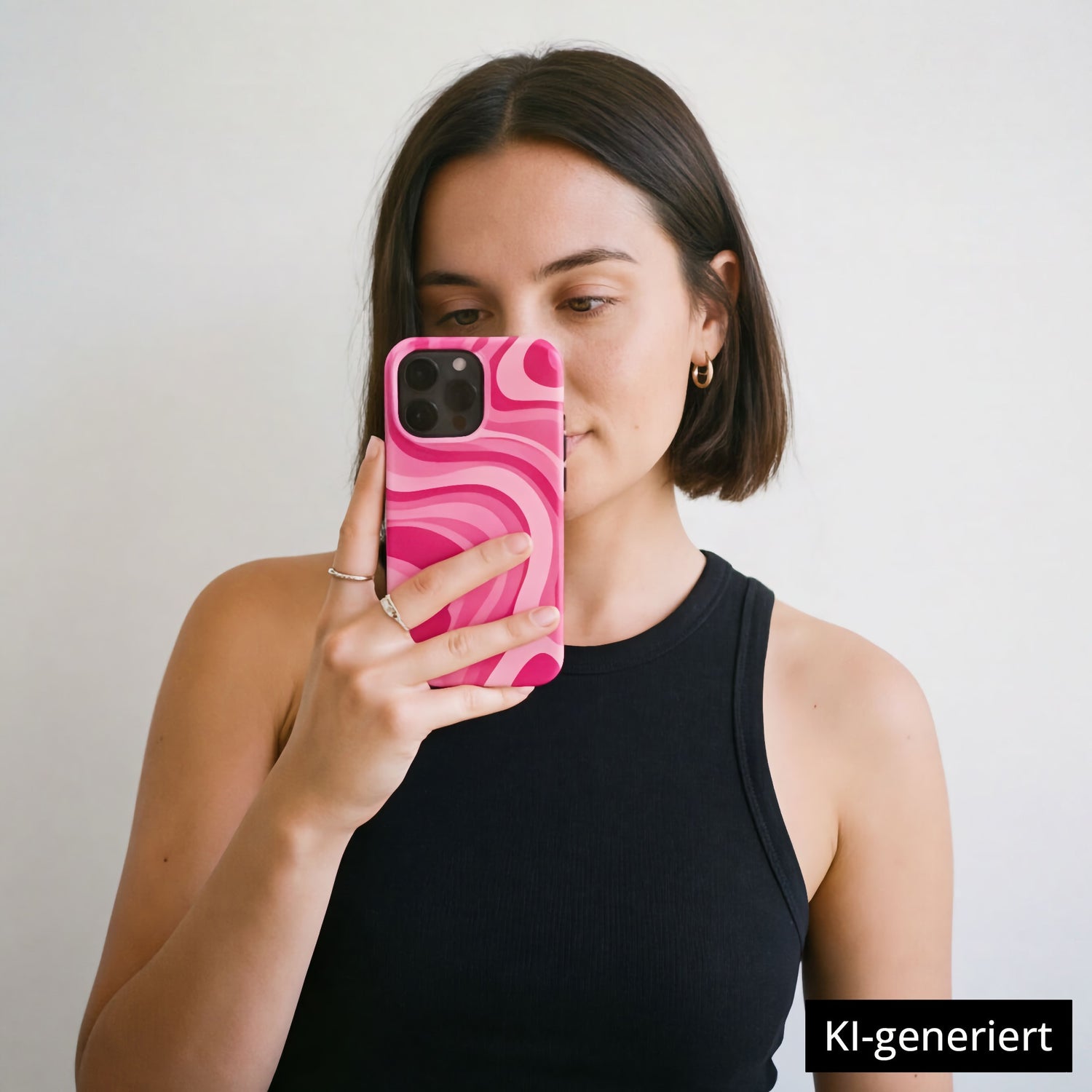 Eine Frau mit kurzen braunen Haaren und einem schwarzen ärmellosen Oberteil macht ein Selfie mit der arktis iPhone 14 Pro Max Hülle - Aura Pink. Die MagSafe-kompatible Hülle ist von arktis und bietet Stoßdämpfung. KI-generiert.