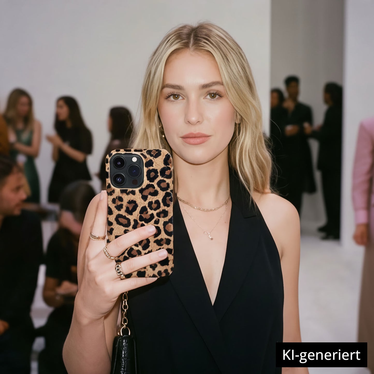 Eine Frau in schwarzem Outfit macht ein Selfie bei einem gesellschaftlichen Ereignis mit ihrem arktis iPhone 14 Hülle - Sweet Leopard, MagSafe kompatibel. KI-generiert. KI-generiert.
