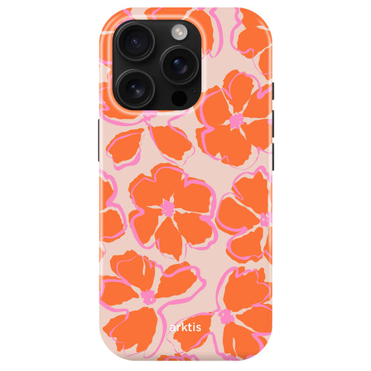 Die arktis iPhone 14 Pro Hülle - Orange Mallow zeigt ein auffälliges orangefarbenes und pinkes Blumenmuster auf hellbeige, hergestellt aus stoßabsorbierendem TPU-Silikon, MagSafe kompatibel für stilvollen Schutz von arktis.