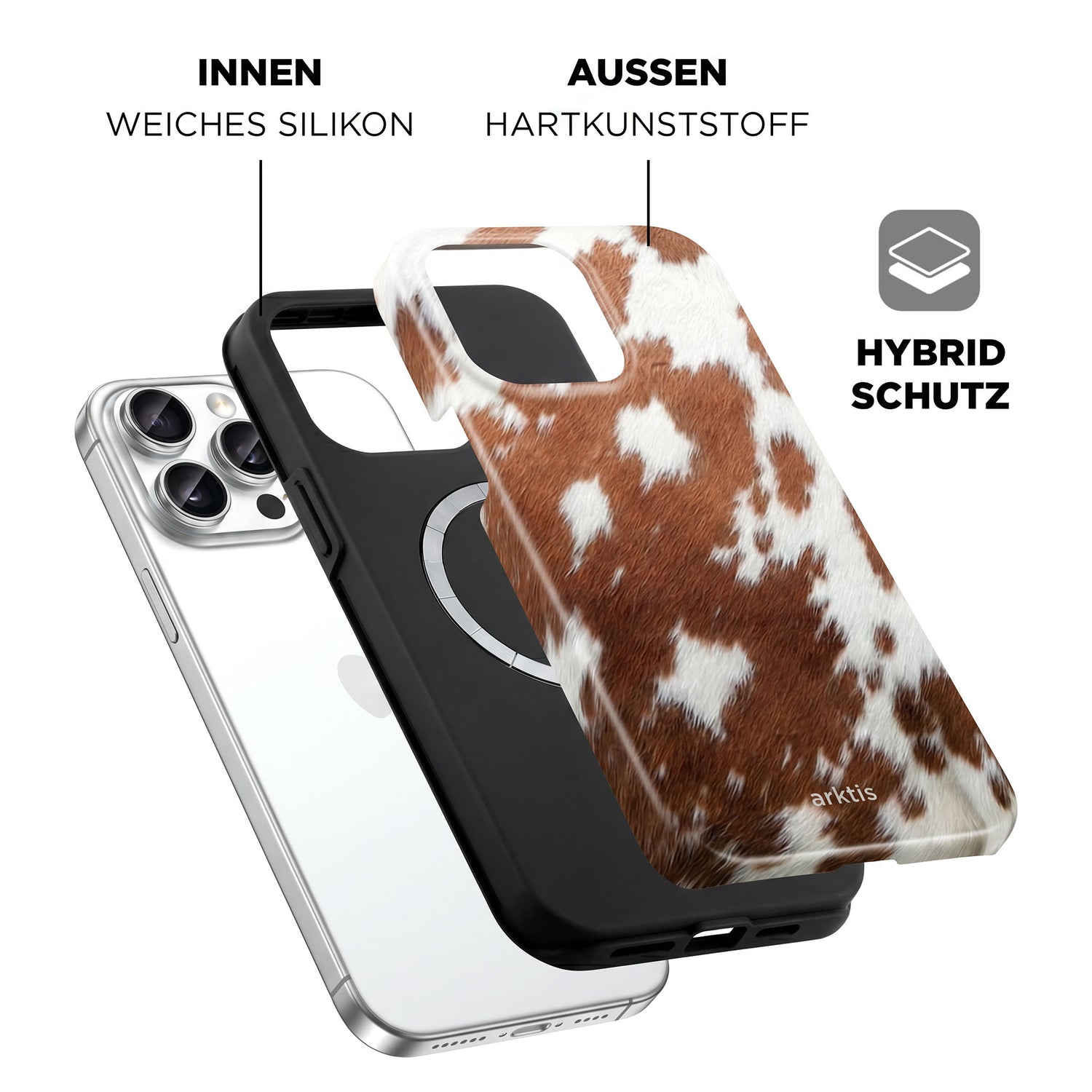 Die Explosionszeichnung der arktis iPhone 14 Pro Max Hülle - Cow zeigt ein Kuhfellmuster, MagSafe-Kompatibilität, einen stoßabsorbierenden TPU-Silikonkern und eine Hartplastikschale.
