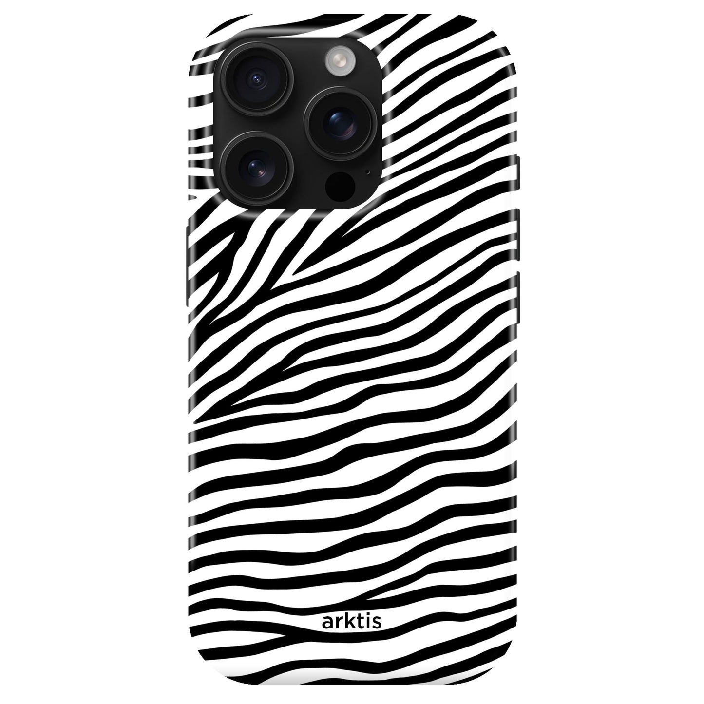 Die arktis iPhone 15 Pro Max Hülle - Zebra hat ein schwarz-weißes Zebramuster, ein arktis"-Branding an der Unterseite, ist aus stoßabsorbierendem TPU-Silikon und ist MagSafe-kompatibel.
