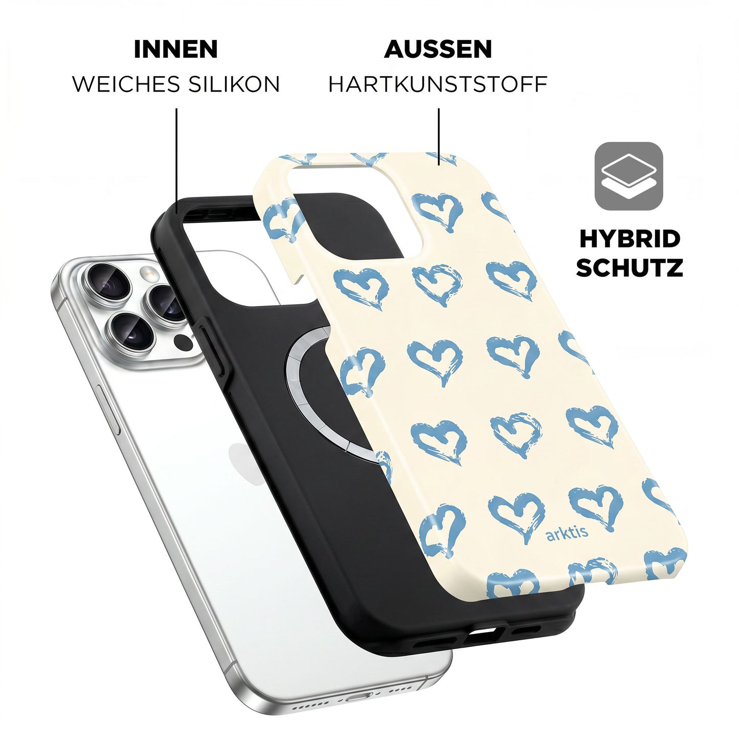 Explosionszeichnung der arktis iPhone 14 Pro Max Hülle - Blue Hearts: mit weicher, stoßabsorbierender Silikon-Innenschicht, harter Kunststoff-Außenschicht mit blauem Herz-Design und MagSafe-kompatibel.