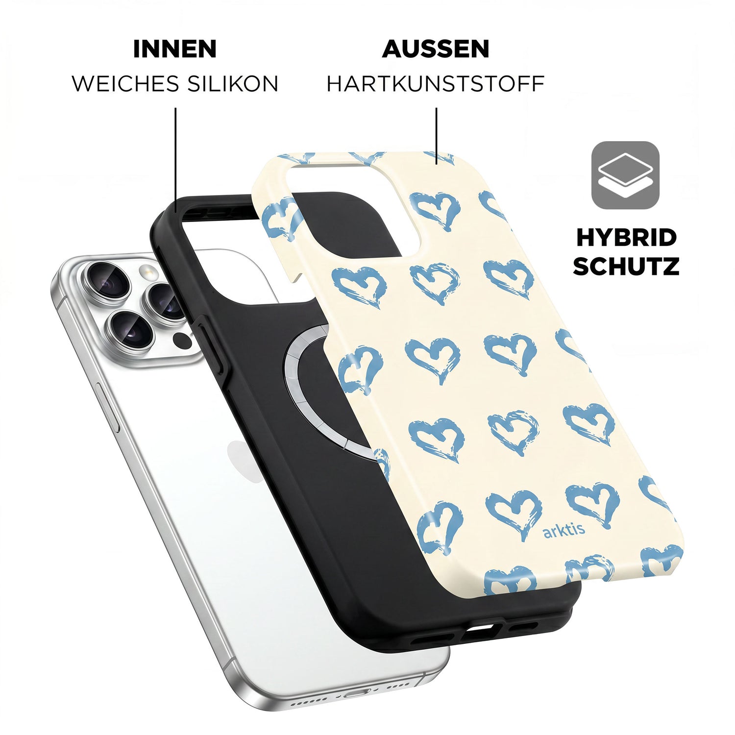 Explosionszeichnung der arktis iPhone 14 Pro Max Hülle - Blue Hearts: mit weicher, stoßabsorbierender Silikon-Innenschicht, harter Kunststoff-Außenschicht mit blauem Herz-Design und MagSafe-kompatibel.