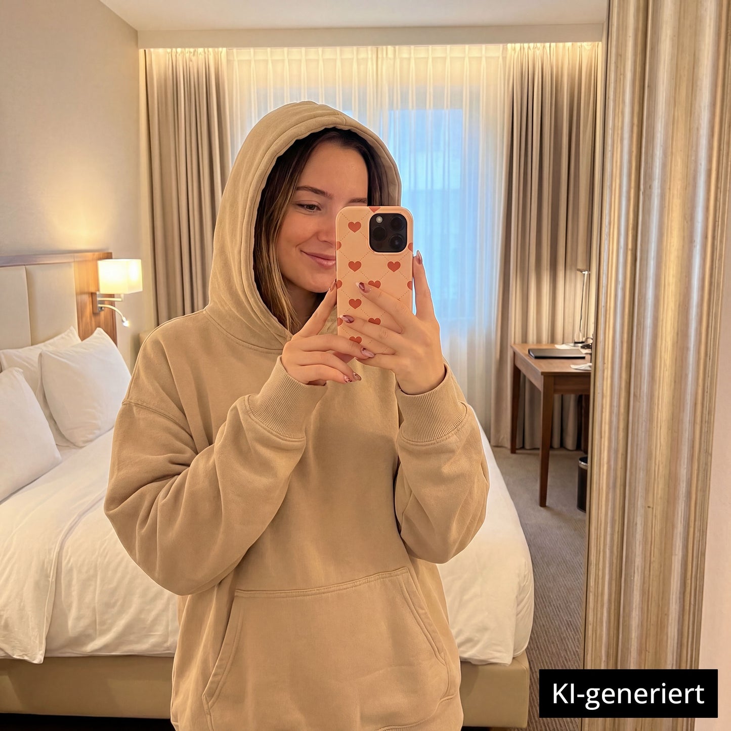 Eine Frau in einem beigen Kapuzenpulli macht ein Spiegel-Selfie mit ihrem arktis iPhone 15 Pro Max Hülle - Love, MagSafe kompatibel, in einem schwach beleuchteten, aufgeräumten Hotelzimmer. KI-generiert.