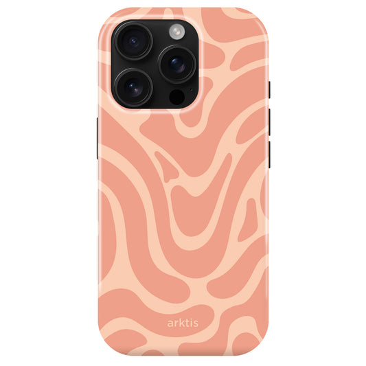 Arktis iPhone 15 Pro Max Hülle - Curly mit pink-pfirsichfarbenem wellenartigem Muster, stoßabsorbierendem TPU-Silikon, MagSafe-kompatibel. arktis Branding am unteren Rand.