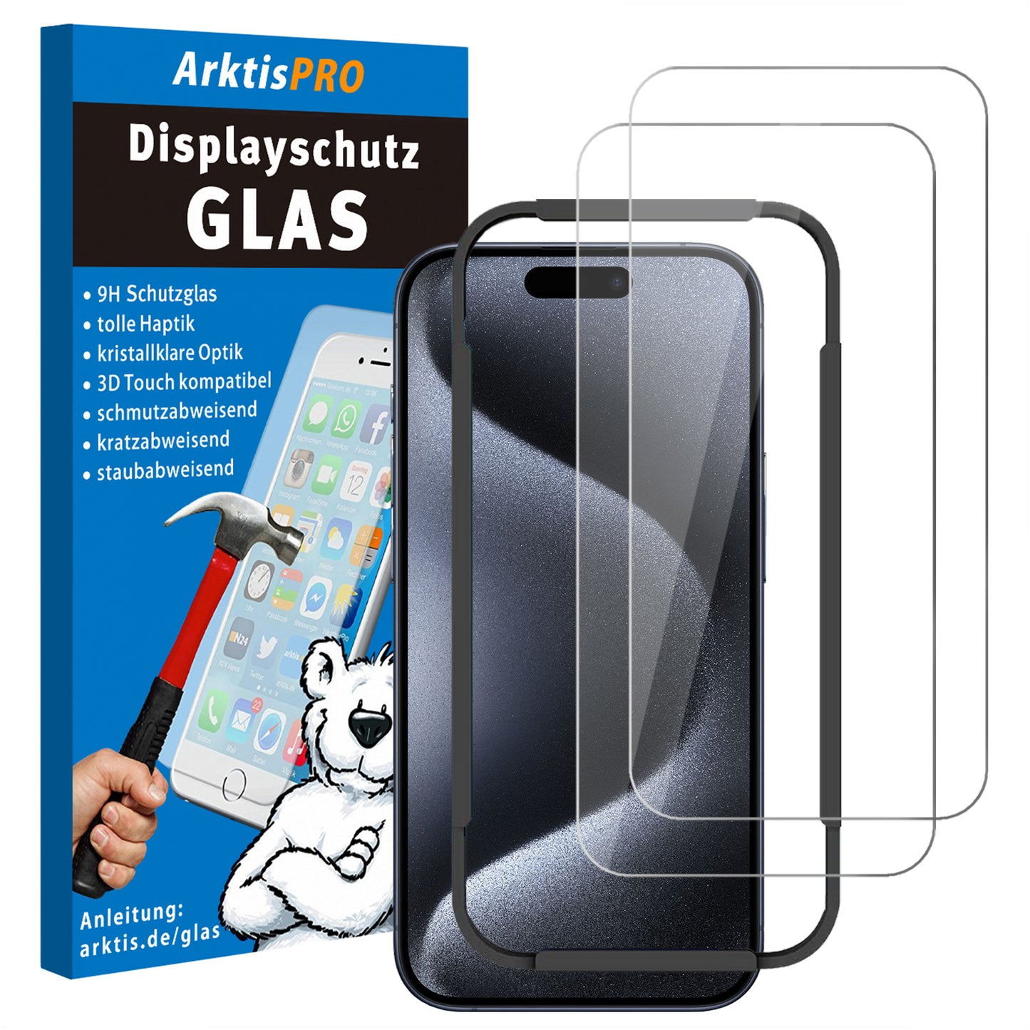 ArktisPRO iPhone 15 Pro Displayschutz GLAS - 2er Set