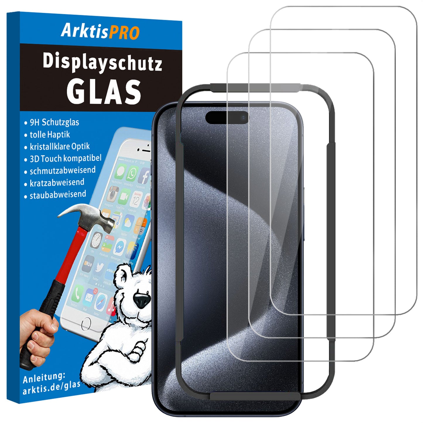 ArktisPRO iPhone 15 Pro Displayschutz GLAS - 3er Set